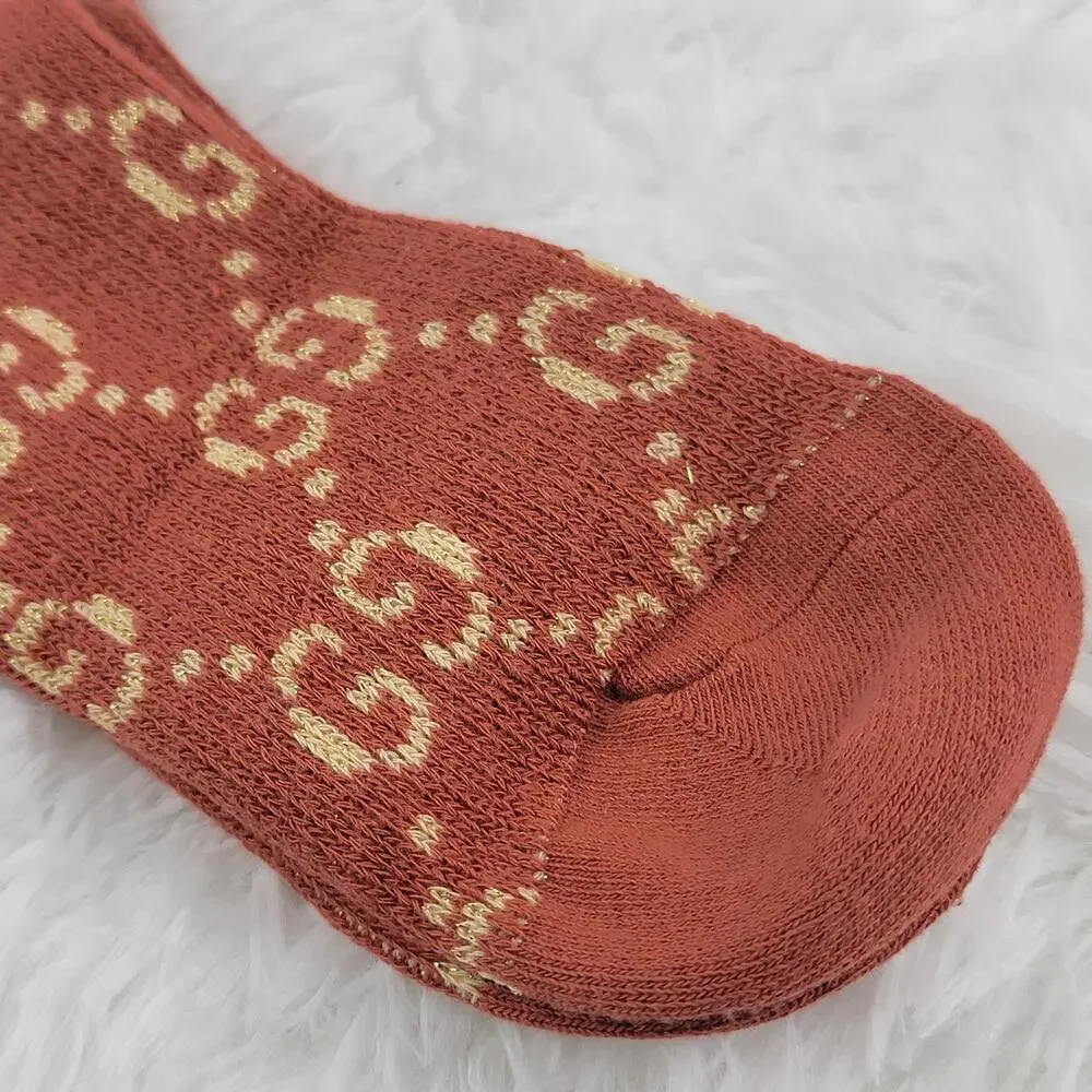 Gucci Crew Socks Unisex GG Logo Metallic 100% Authentic Red Beige Luxury New
